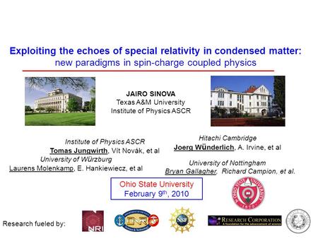 Research fueled by: Ohio State University February 9 th, 2010 JAIRO SINOVA Texas A&M University Institute of Physics ASCR Exploiting the echoes of special.