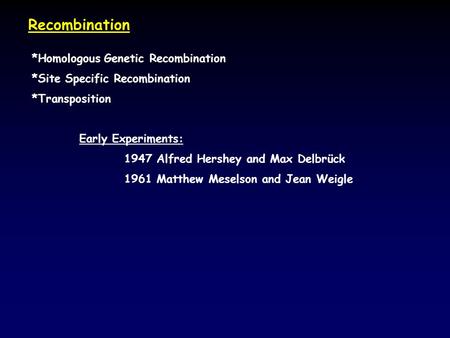 Recombination Early Experiments: 1947 Alfred Hershey and Max Delbrück 1961 Matthew Meselson and Jean Weigle *Homologous Genetic Recombination *Site Specific.
