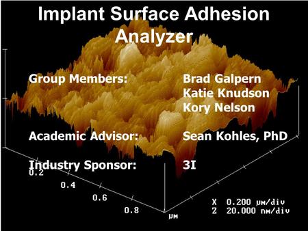 Implant Surface Adhesion Analyzer Group Members:Brad Galpern Katie Knudson Kory Nelson Academic Advisor:Sean Kohles, PhD Industry Sponsor:3I.