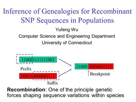 Inference of Genealogies for Recombinant SNP Sequences in Populations Yufeng Wu Computer Science and Engineering Department University of Connecticut 110001111111001.