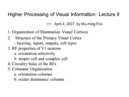 Higher Processing of Visual Information: Lecture II