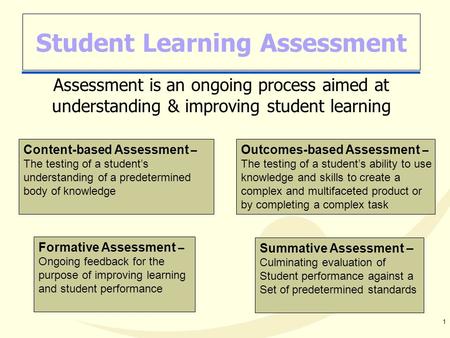 1 Student Learning Assessment Assessment is an ongoing process aimed at understanding & improving student learning Formative Assessment – Ongoing feedback.