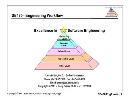 Copyright  2001 - Larry Dribin, Ph.D. SE470_EngFlows_v1.ppt SE470 EngFlows - 1 Excellence in Software Engineering Repeatable Level Defined Level Manage.