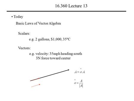 16.360 Lecture 13 Today Basic Laws of Vector Algebra Scalars: e.g. 2 gallons, $1,000, 35ºC Vectors: e.g. velocity: 35mph heading south 3N force toward.