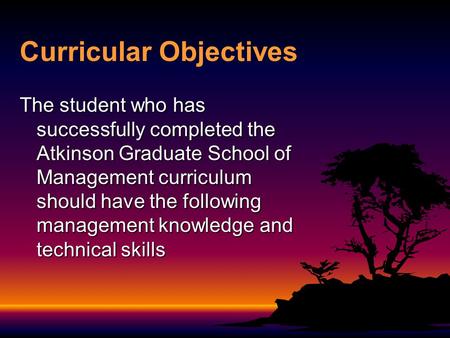 Curricular Objectives The student who has successfully completed the Atkinson Graduate School of Management curriculum should have the following management.