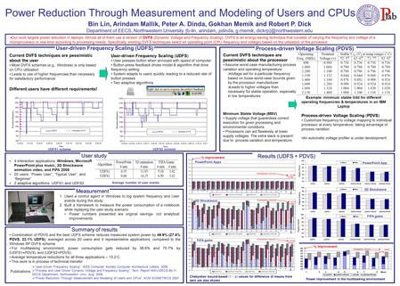 Power Reduction Through Measurement and Modeling of Users and CPUs Process-driven Voltage Scaling (PDVS) User-driven Frequency Scaling (UDFS) Bin Lin,