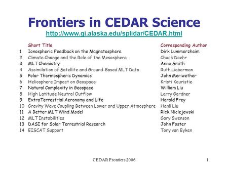 CEDAR Frontiers 20061 Frontiers in CEDAR Science   Short TitleCorresponding.