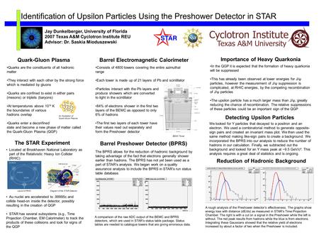 Identification of Upsilon Particles Using the Preshower Detector in STAR Jay Dunkelberger, University of Florida 2007 Texas A&M Cyclotron Institute REU.