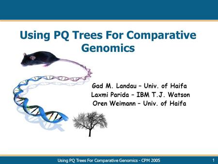 Using PQ Trees For Comparative Genomics - CPM 20051 Using PQ Trees For Comparative Genomics Gad M. Landau – Univ. of Haifa Laxmi Parida – IBM T.J. Watson.