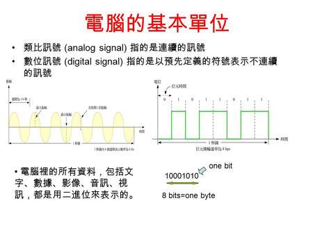 電腦的基本單位 類比訊號 (analog signal) 指的是連續的訊號 數位訊號 (digital signal) 指的是以預先定義的符號表示不連續 的訊號 10001010 one bit 8 bits=one byte 電腦裡的所有資料，包括文 字、數據、影像、音訊、視 訊，都是用二進位來表示的。