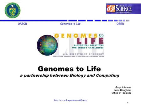 1 OASCR Genomes to Life OBER Genomes to Life a partnership between Biology and Computing  Gary Johnson John Houghton Office.