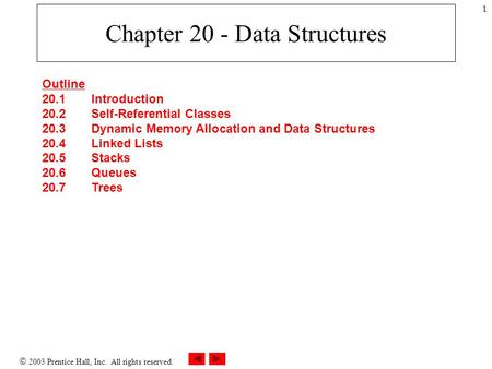  2003 Prentice Hall, Inc. All rights reserved. 1 Chapter 20 - Data Structures Outline 20.1 Introduction 20.2 Self-Referential Classes 20.3 Dynamic Memory.