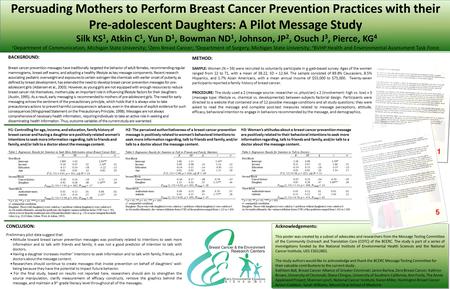 Persuading Mothers to Perform Breast Cancer Prevention Practices with their Pre-adolescent Daughters: A Pilot Message Study Silk KS 1, Atkin C 1, Yun D.