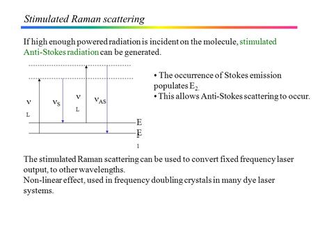 Stimulated Raman scattering If high enough powered radiation is incident on the molecule, stimulated Anti-Stokes radiation can be generated. The occurrence.