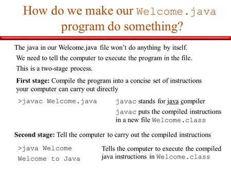 How do we make our Welcome.java program do something? The java in our Welcome.java file won’t do anything by itself. We need to tell the computer to execute.