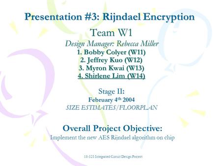 Team W1 Design Manager: Rebecca Miller 1. Bobby Colyer (W11) 2. Jeffrey Kuo (W12) 3. Myron Kwai (W13) 4. Shirlene Lim (W14) Stage II: February 4 th 2004.