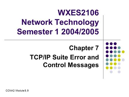 WXES2106 Network Technology Semester 1 2004/2005 Chapter 7 TCP/IP Suite Error and Control Messages CCNA2: Module 8, 9.