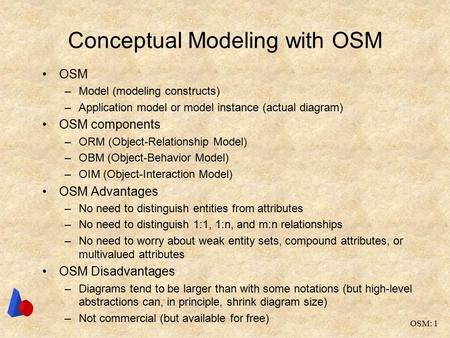 OSM: 1 Conceptual Modeling with OSM OSM –Model (modeling constructs) –Application model or model instance (actual diagram) OSM components –ORM (Object-Relationship.