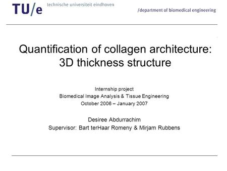Quantification of collagen architecture: 3D thickness structure Internship project Biomedical Image Analysis & Tissue Engineering October 2006 – January.