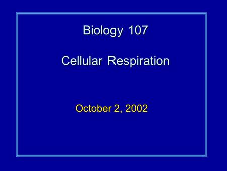 Biology 107 Cellular Respiration October 2, 2002.