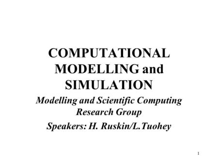 1 COMPUTATIONAL MODELLING and SIMULATION Modelling and Scientific Computing Research Group Speakers: H. Ruskin/L.Tuohey.
