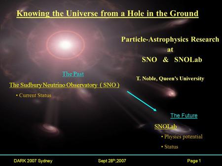 DARK 2007 SydneySept 28 th,2007Page 1 Knowing the Universe from a Hole in the Ground Particle-Astrophysics Research at SNO & SNOLab T. Noble, Queen’s University.