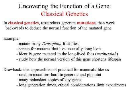 Uncovering the Function of a Gene: Classical Genetics In classical genetics, researchers generate mutations, then work backwards to deduce the normal function.