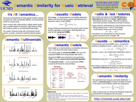 Semantic Similarity for Music Retrieval Luke Barrington, Doug Turnbull, David Torres & Gert Lanckriet Electrical & Computer Engineering University of California,