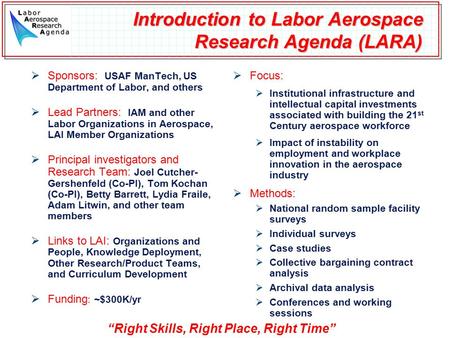Introduction to Labor Aerospace Research Agenda (LARA)  Sponsors: USAF ManTech, US Department of Labor, and others  Lead Partners: IAM and other Labor.