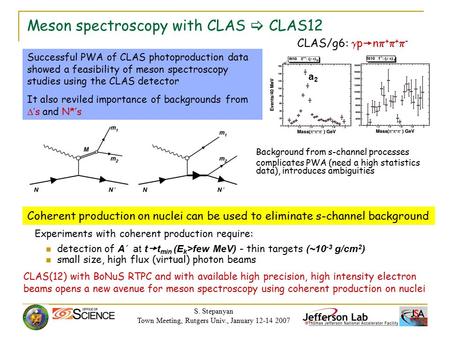 S. Stepanyan Town Meeting, Rutgers Univ., January 12-14 2007 Meson spectroscopy with CLAS  CLAS12 Experiments with coherent production require: detection.