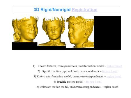 3D Rigid/Nonrigid RegistrationRegistration 1)Known features, correspondences, transformation model – feature basedfeature based 2)Specific motion type,