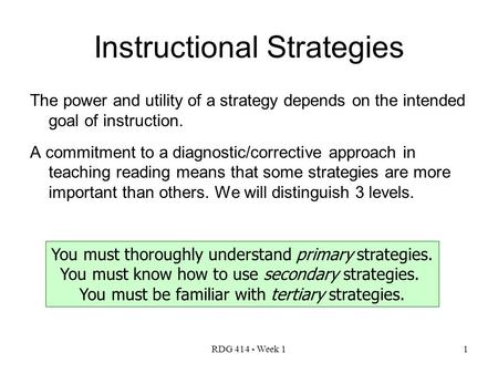 RDG 414 - Week 11 Instructional Strategies The power and utility of a strategy depends on the intended goal of instruction. A commitment to a diagnostic/corrective.