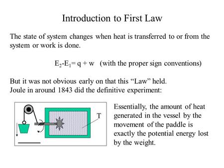 Introduction to First Law The state of system changes when heat is transferred to or from the system or work is done. E 2 -E 1 = q + w (with the proper.