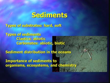 Sediments Types of substrates: hard, soft Types of sediments Clastics: abiotic Carbonates: abiotic, biotic Sediment distribution in the oceans Importance.