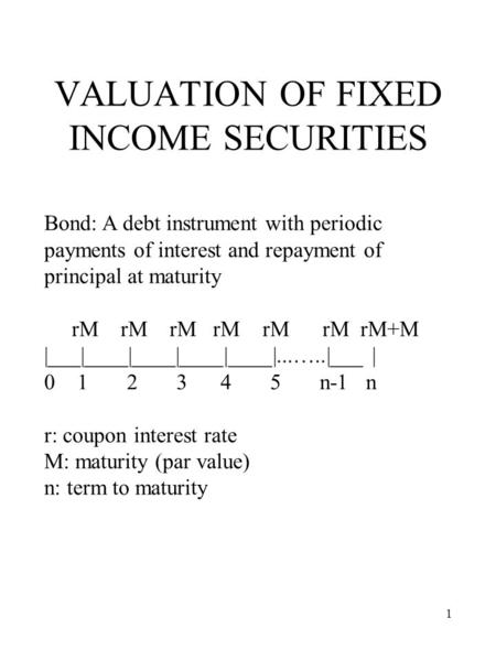 1 VALUATION OF FIXED INCOME SECURITIES Bond: A debt instrument with periodic payments of interest and repayment of principal at maturity rM rM rM rM rM.