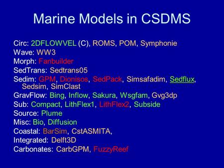 Marine Models in CSDMS Circ: 2DFLOWVEL (C), ROMS, POM, Symphonie Wave: WW3 Morph: Fanbuilder SedTrans: Sedtrans05 Sedflux Sedim: GPM, Dionisos, SedPack,