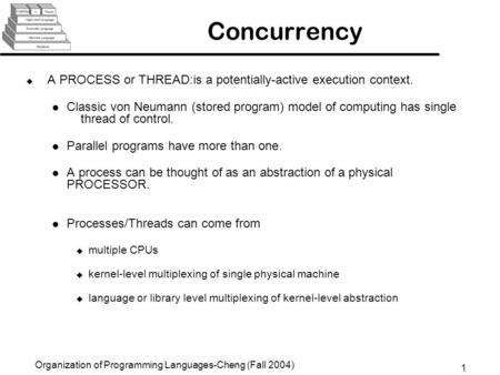 1 Organization of Programming Languages-Cheng (Fall 2004) Concurrency u A PROCESS or THREAD:is a potentially-active execution context. Classic von Neumann.