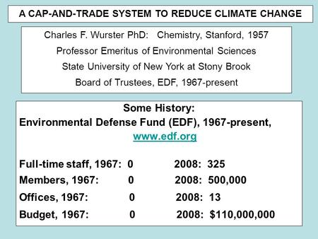 Some History: Environmental Defense Fund (EDF), 1967-present, www.edf.org Full-time staff, 1967: 0 2008: 325 Members, 1967: 0 2008: 500,000 Offices, 1967:
