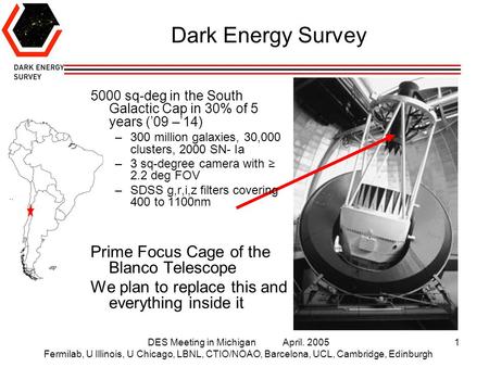 DES Meeting in Michigan April. 2005 Fermilab, U Illinois, U Chicago, LBNL, CTIO/NOAO, Barcelona, UCL, Cambridge, Edinburgh 1 Dark Energy Survey 5000 sq-deg.