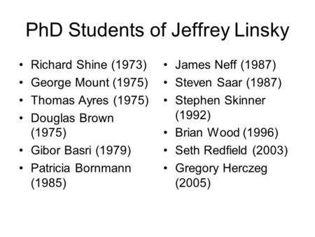 PhD Students of Jeffrey Linsky Richard Shine (1973) George Mount (1975) Thomas Ayres (1975) Douglas Brown (1975) Gibor Basri (1979) Patricia Bornmann (1985)