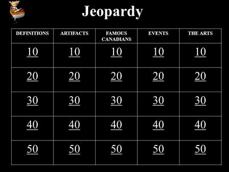 Jeopardy DEFINITIONSARTIFACTSFAMOUS CANADIANS EVENTSTHE ARTS 10 20 30 40 50.