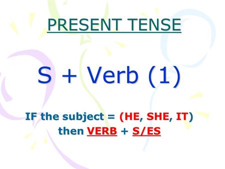 S + Verb (1) IF the subject = (HE, SHE, IT) then VERB + S/ES