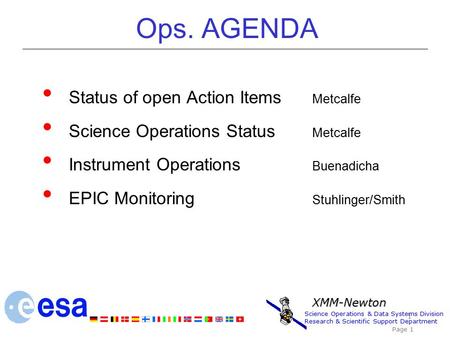 Ops. AGENDA Status of open Action Items Metcalfe Science Operations Status Metcalfe Instrument Operations Buenadicha EPIC Monitoring Stuhlinger/Smith 1.