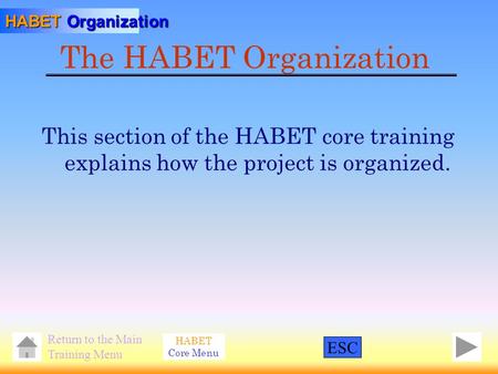 Return to the Main Training Menu HABET Core Menu HABET Organization The HABET Organization This section of the HABET core training explains how the project.