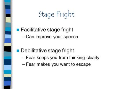 Stage Fright Facilitative stage fright Debilitative stage fright