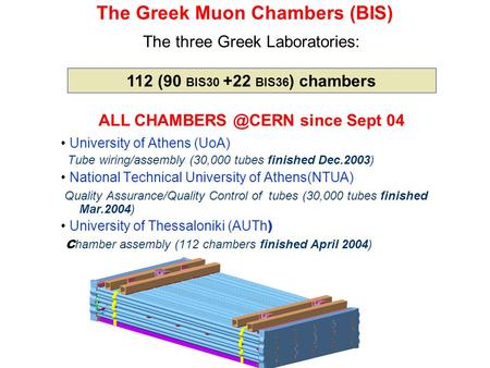 The Greek Muon Chambers (BIS) The three Greek Laboratories: 112 (90 BIS30 +22 BIS36 ) chambers ALL since Sept 04 University of Athens (UoA)