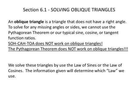 Section SOLVING OBLIQUE TRIANGLES