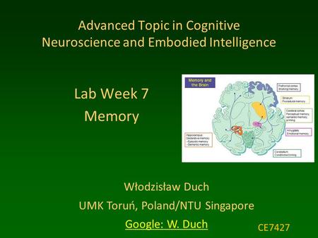 Włodzisław Duch UMK Toruń, Poland/NTU Singapore Google: W. Duch Advanced Topic in Cognitive Neuroscience and Embodied Intelligence Lab Week 7 Memory CE7427.