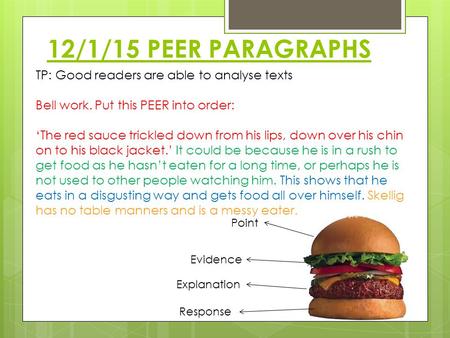 12/1/15 PEER PARAGRAPHS TP: Good readers are able to analyse texts Bell work. Put this PEER into order: ‘The red sauce trickled down from his lips, down.