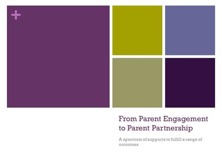+ From Parent Engagement to Parent Partnership A spectrum of supports to fulfill a range of outcomes.